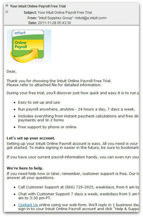 Malicious email claiming to come from Intuit. Click for larger version