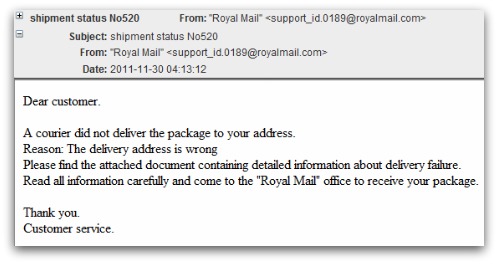 Example of fake Royal Mail malware email