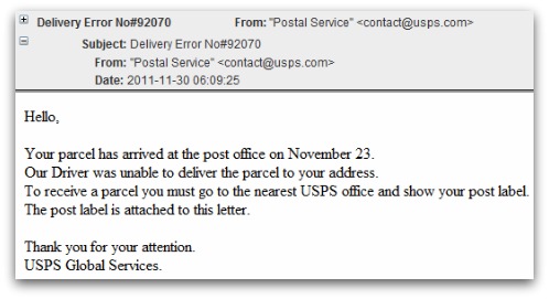 Example of fake USPS malware email