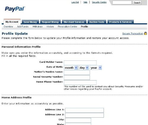 PayPal phishing site