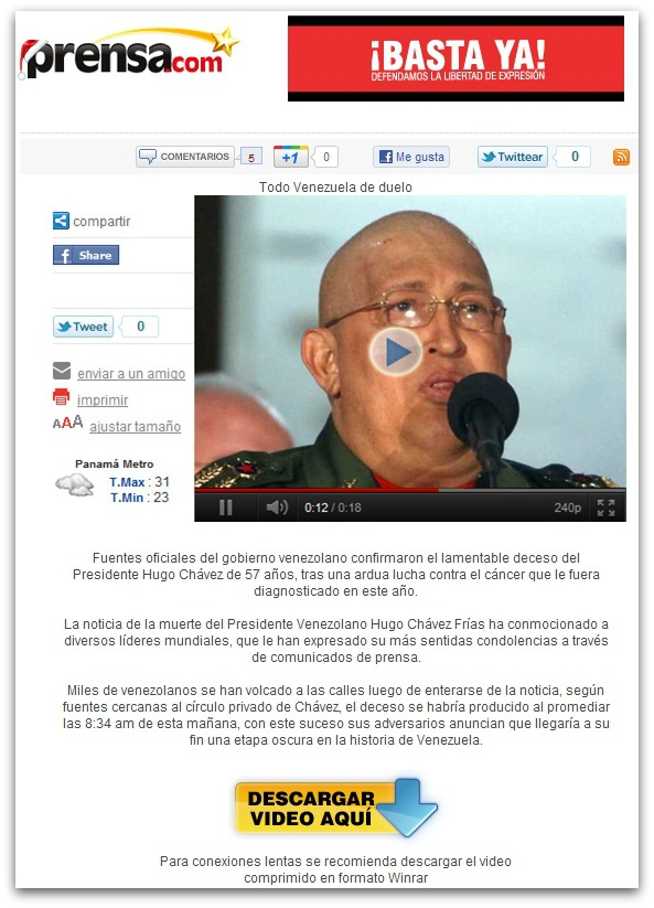 Malicious email claiming that Hugo Chavez has died