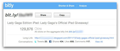 Bit.ly statistics for clicks on iPad scam on Lady Gaga's Facebook page
