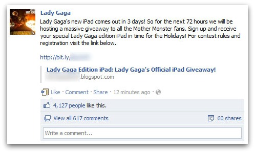 iPad scam on Lady Gaga's Facebook page