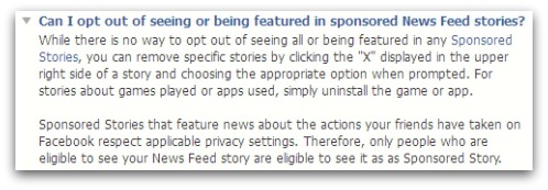 Facebook Help Center says you can not opt out of appearing in sponsored stories