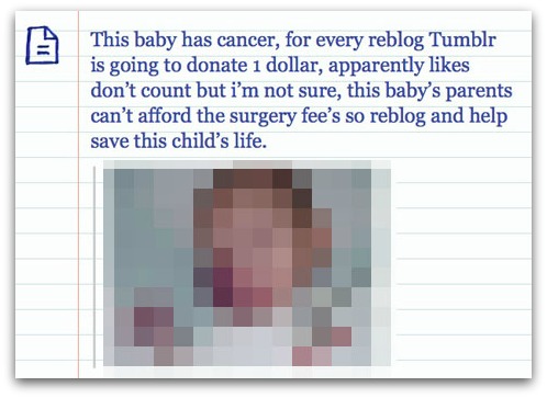 Hoax: This baby has cancer, for every reblog Tumblr is going to donate 1 dollar