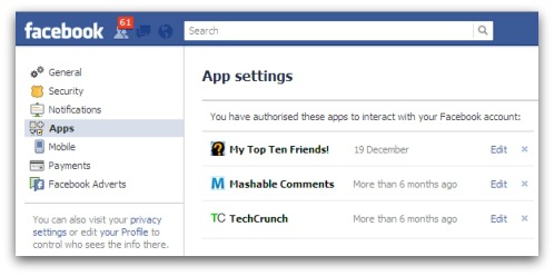 App settings on Facebook