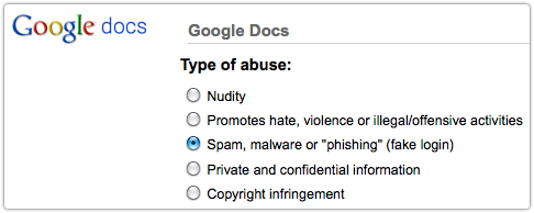 Google Docs abuse form