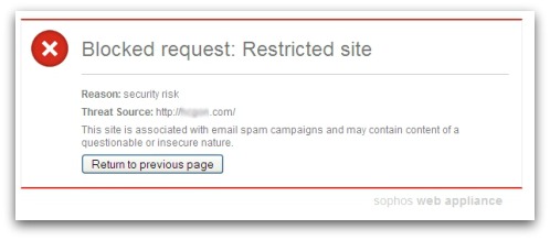 Scam webpage intercepted by Sophos