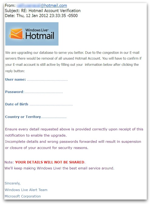 Hotmail account verification - phishing email