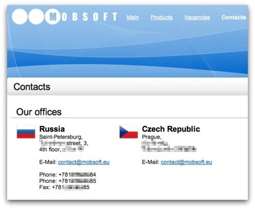 MobSoft claims to have offices in the Czech Republic and St Petersburg, Russia