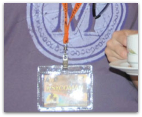 Close-up of psycoman badge