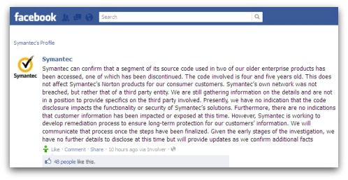Statement posted by Symantec
