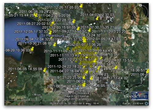 Locations tracked on FourSquare, displayed on Google Earth