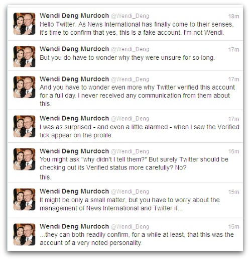 Fake Wendi Deng Murdoch Twitter account admits it's not the real Wendi