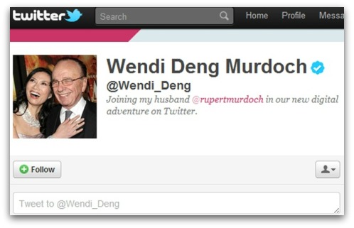 Wendi Deng Murdoch Twitter account - with verified icon