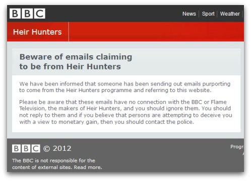 Heir Hunters warning from the BBC