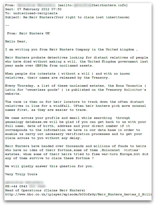 Heir Hunters scam email