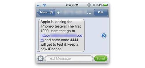 iPhone 5 text scam on a mobile phone