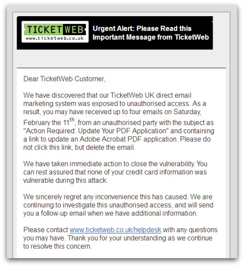 TicketWeb email warning