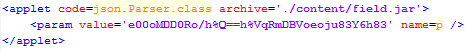 Figure 6: An applet HTML element used to load malicious Java content. Note the obfuscated URL passed in via the applet parameter