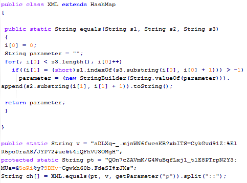 Figure 7: Snippet of Java code responsible for decoding the obfuscated URL included as a parameter in the applet element of Figure 6