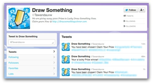 Draw Something survey scammer on Twitter. Click for larger version
