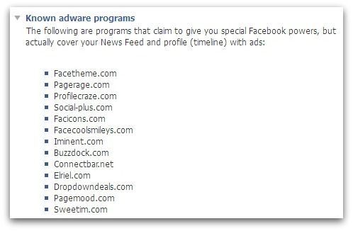 Facebook lists adware programs