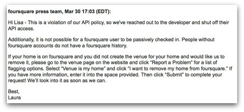 Response from Foursquare