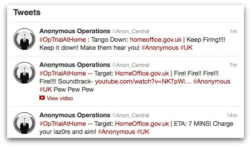 Tweets from Anonymous about attack on UK Home Office