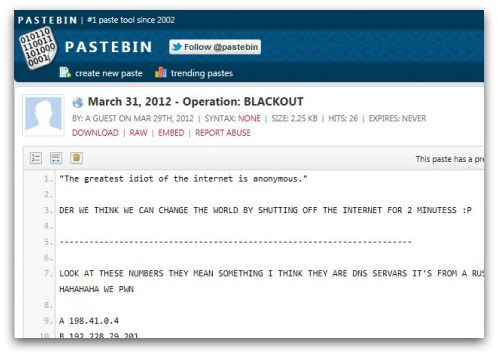 Post on PasteBin about Operation Blackout