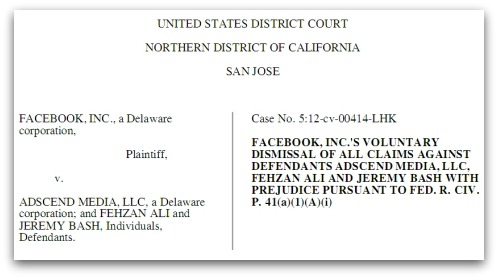 Facebook dismisses case against Adscend