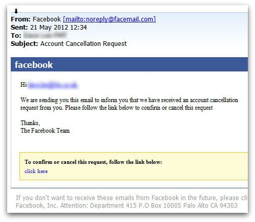Malicious email claiming to come from Facebook