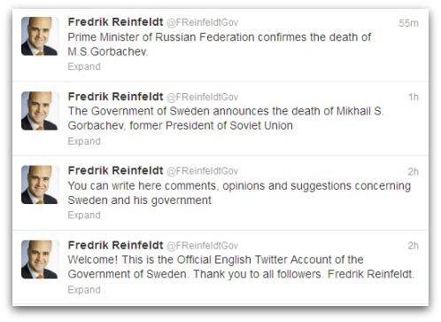 Tweets from account claiming to belong from Fredrik Reinfeldt