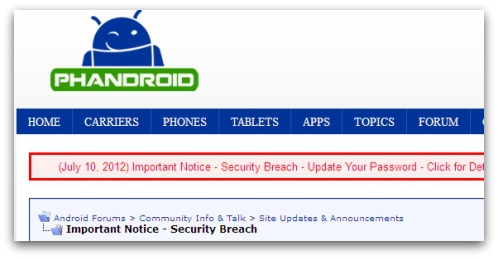 Android Forums security breach warning