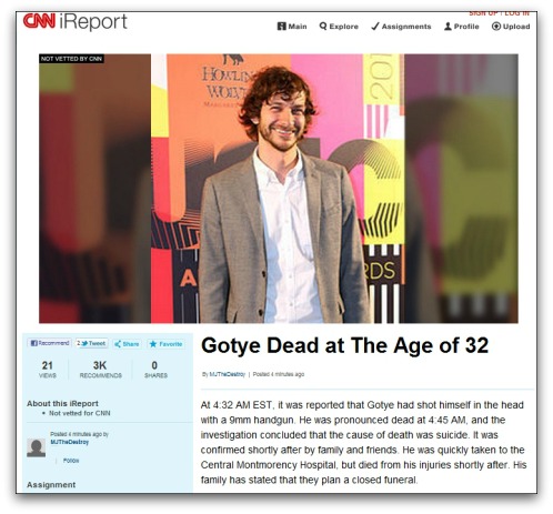 CNN iReport about Gotye's alleged death