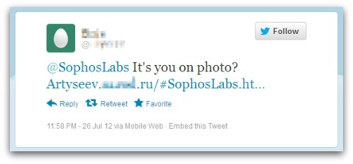 Malicious tweet to @SophosLabs on Twitter