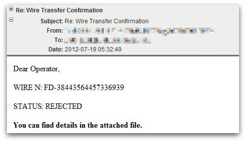 Malicious wire transfer email