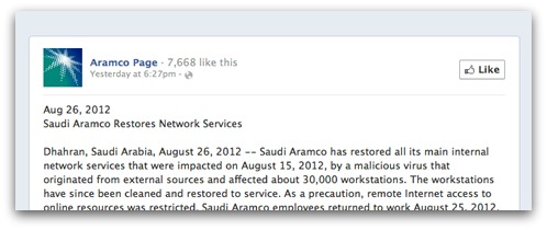 Statement from Aramco on Facebook