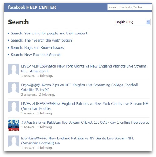 Facebook Help Center, with spam messages