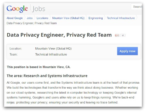 Google job advert