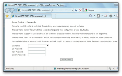 Vulnerable modem's admin panel, accessed remotely