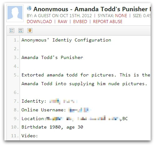 Anonymous names man they say drove Amanda Todd to suicide