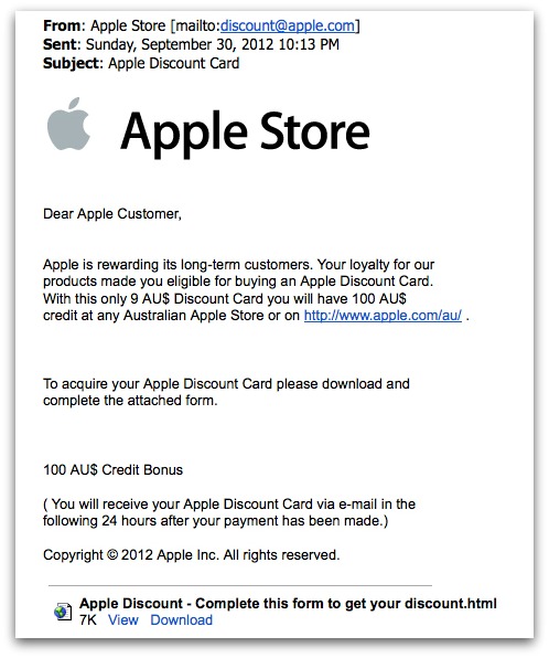 Bogus Apple discount card email
