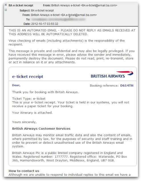 British Airways malicious email. Click for larger version