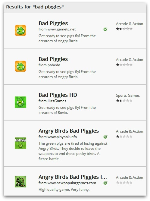 Unauthorised Bad Piggies in the Chrome App store