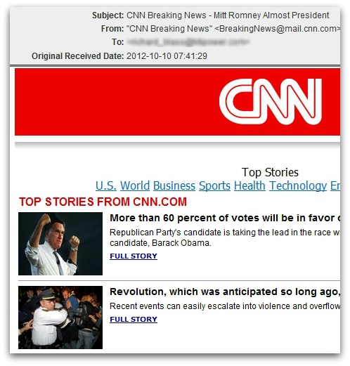 Fake CNN email linking to malware. Click for a larger version