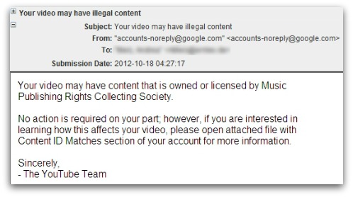 Malicious email, claiming to come from Google regarding illegal YouTube content