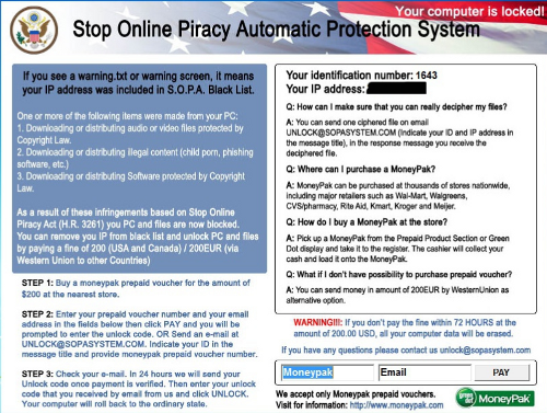 SOPA warning from Reveton ransomware