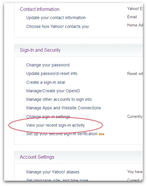 Yahoo settings